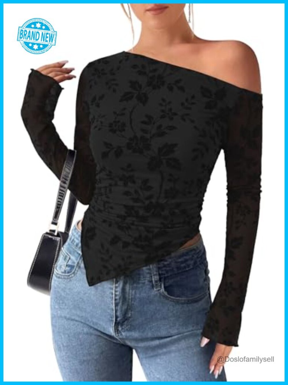 Womens Off Shoulder Mesh Long Sleeve Floral Blouse Y2K Slim Fit